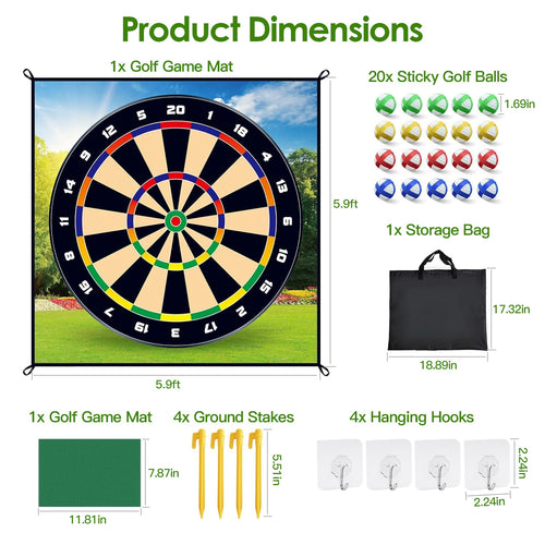Golf chipping and dart target mat set laid out with sticky balls
